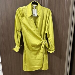H&M Chartreuse Green Shirt Dress with Tie